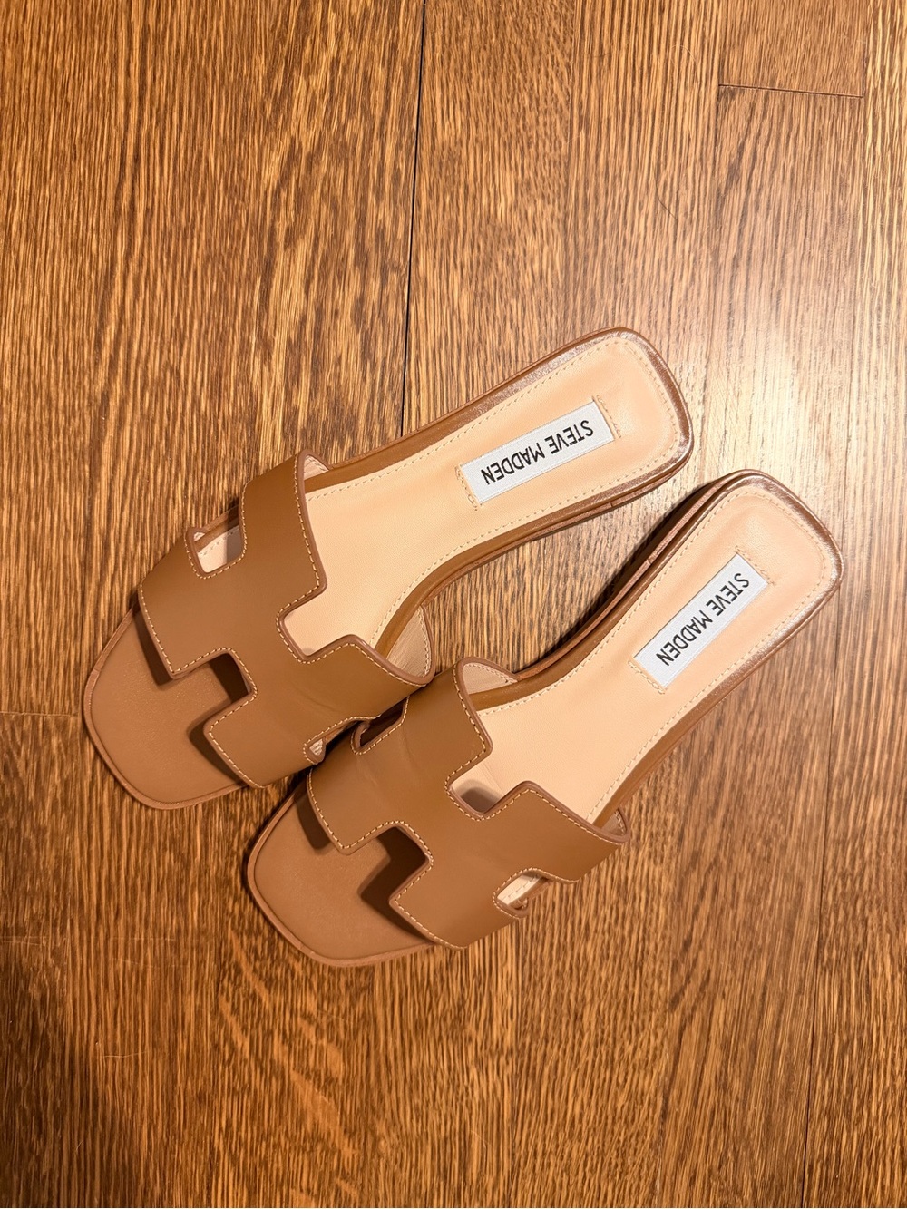 Steve Madden Hadyn Cognac Brown Leather H Cutout Slide Sandals 7.5 NWOT